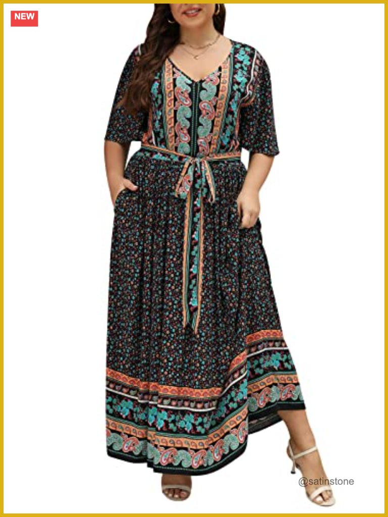 Plus Size Women Maxi Dress Floral Print Short Sleeve V Neck Casual Boho Long